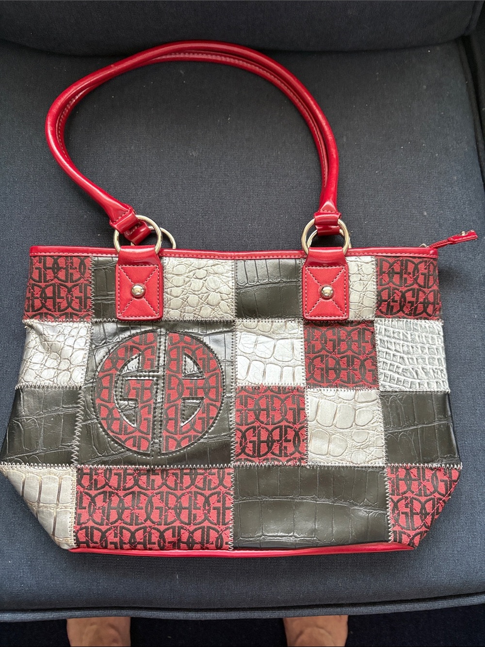 Giani Bernini Red, Olive & Cream Patchwork Tote Shoulder Bag